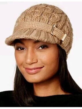 Michael Kors Cable Knit Newsboy Hat Camel Gold Buckle Beanie Cap Brim One Sz NWT